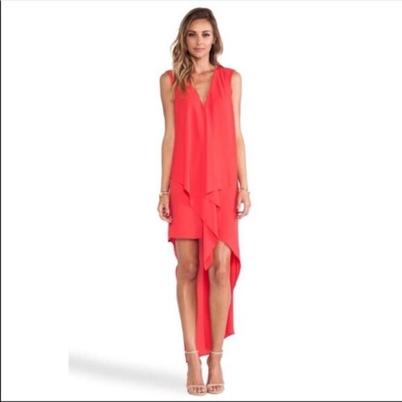 BCBGMAXAZRIA Tara Coral Sleeveless Cascade-Ruffle High-Low Midi Maxi Dress XS - Picture 1 of 3